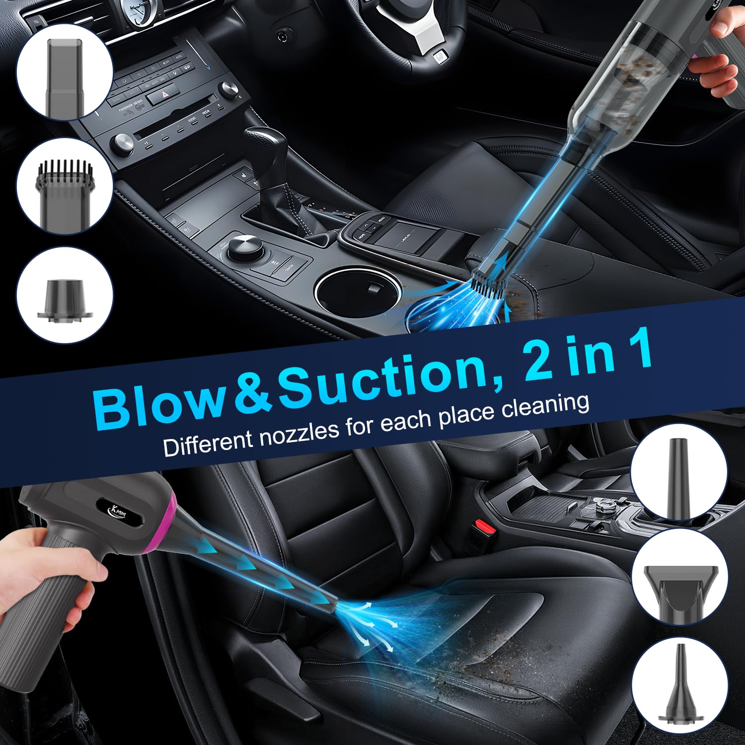 KMM Handheld Car Vacuum Cleaner, 9000Pa Vacuum Cleaner and Air Duster, 120W High Power Hand Held Vacuum with LED Light and Multi-Nozzles for Car, Home, Office, Pet