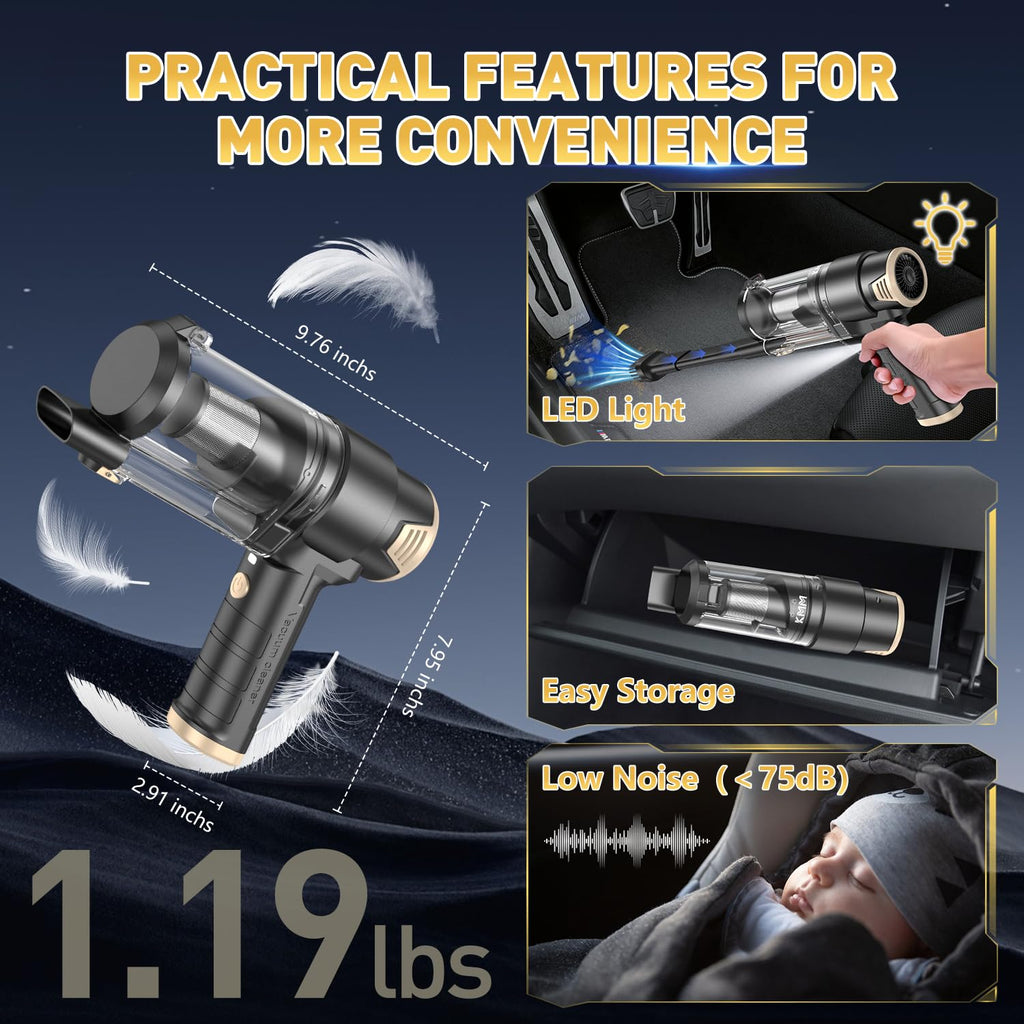 KMM Handheld Car Vacuum Cleaner, 9000Pa Vacuum Cleaner and Air Duster, 120W High Power Hand Held Vacuum with LED Light and Multi-Nozzles for Car, Home, Office, Pet