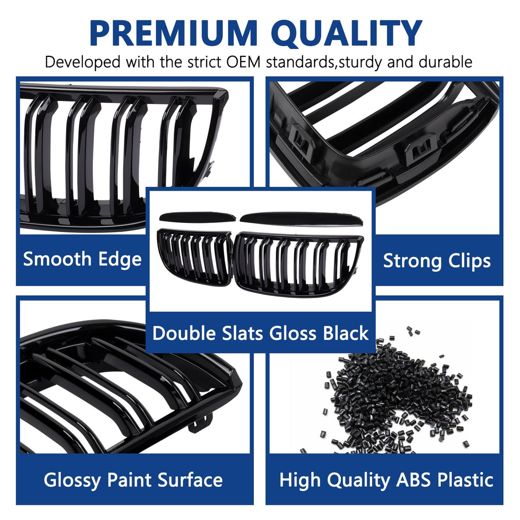 F30 Grill, Double Slats Gloss Black Kidney Grille,ABS Plastic,2pcs