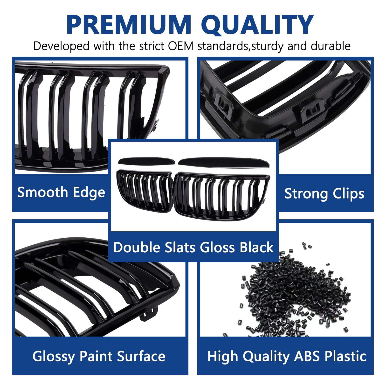 F30 Grill, Double Slats Gloss Black Kidney Grille,ABS Plastic,2pcs