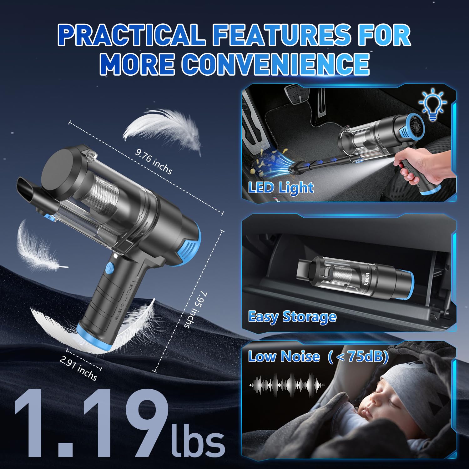 KMM Handheld Car Vacuum Cleaner, 9000Pa Vacuum Cleaner and Air Duster, 120W High Power Hand Held Vacuum with LED Light and Multi-Nozzles for Car, Home, Office, Pet