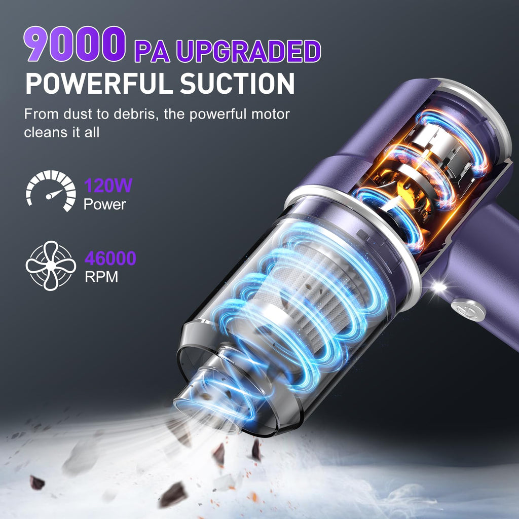 KMM Handheld Car Vacuum Cleaner, 9000Pa Vacuum Cleaner and Air Duster, 120W High Power Hand Held Vacuum with LED Light and Multi-Nozzles for Car, Home, Office, Pet