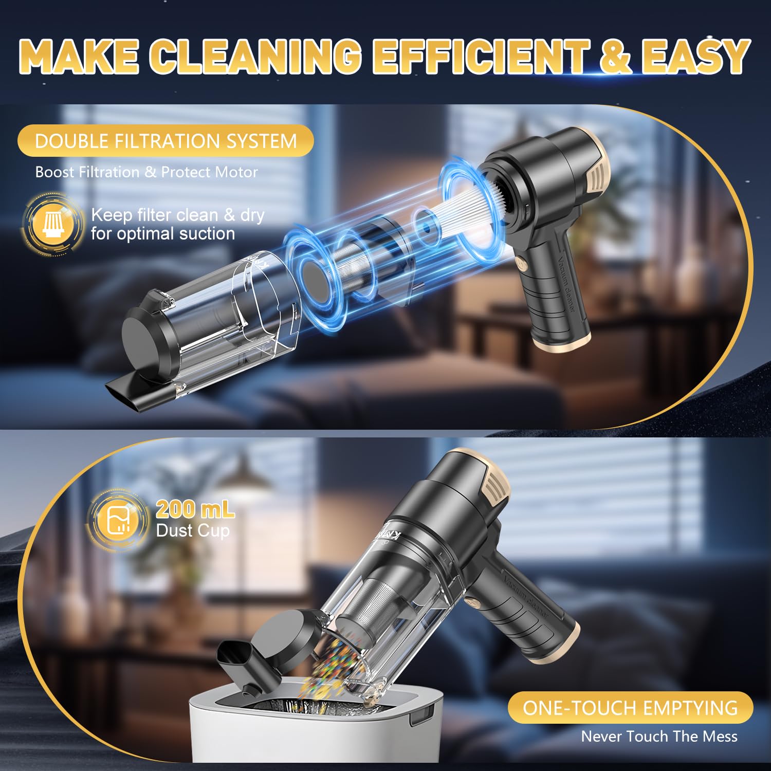 KMM Handheld Car Vacuum Cleaner, 9000Pa Vacuum Cleaner and Air Duster, 120W High Power Hand Held Vacuum with LED Light and Multi-Nozzles for Car, Home, Office, Pet