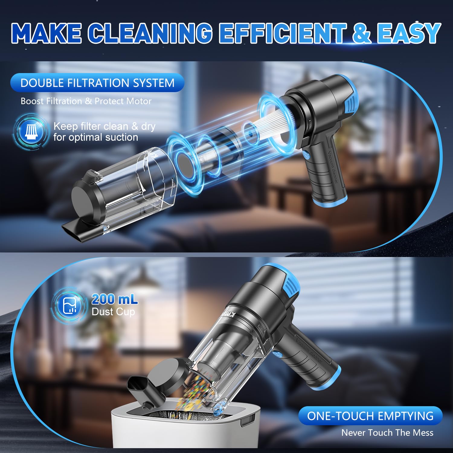 KMM Handheld Car Vacuum Cleaner, 9000Pa Vacuum Cleaner and Air Duster, 120W High Power Hand Held Vacuum with LED Light and Multi-Nozzles for Car, Home, Office, Pet