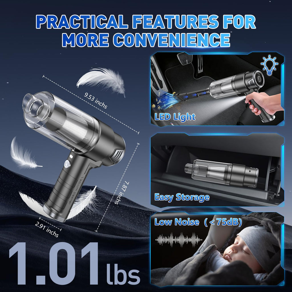 KMM Handheld Car Vacuum Cleaner, 9000Pa Vacuum Cleaner and Air Duster, 120W High Power Hand Held Vacuum with LED Light and Multi-Nozzles for Car, Home, Office, Pet