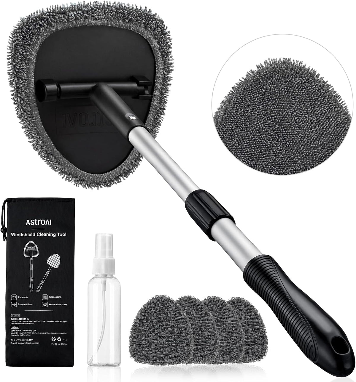 Car Interior Detailing Cleaning Kit with Extendable Handle and 4 Upgraded Reusable Microfiber Pads, Auto Glass Wiper Brush Kit for Cars