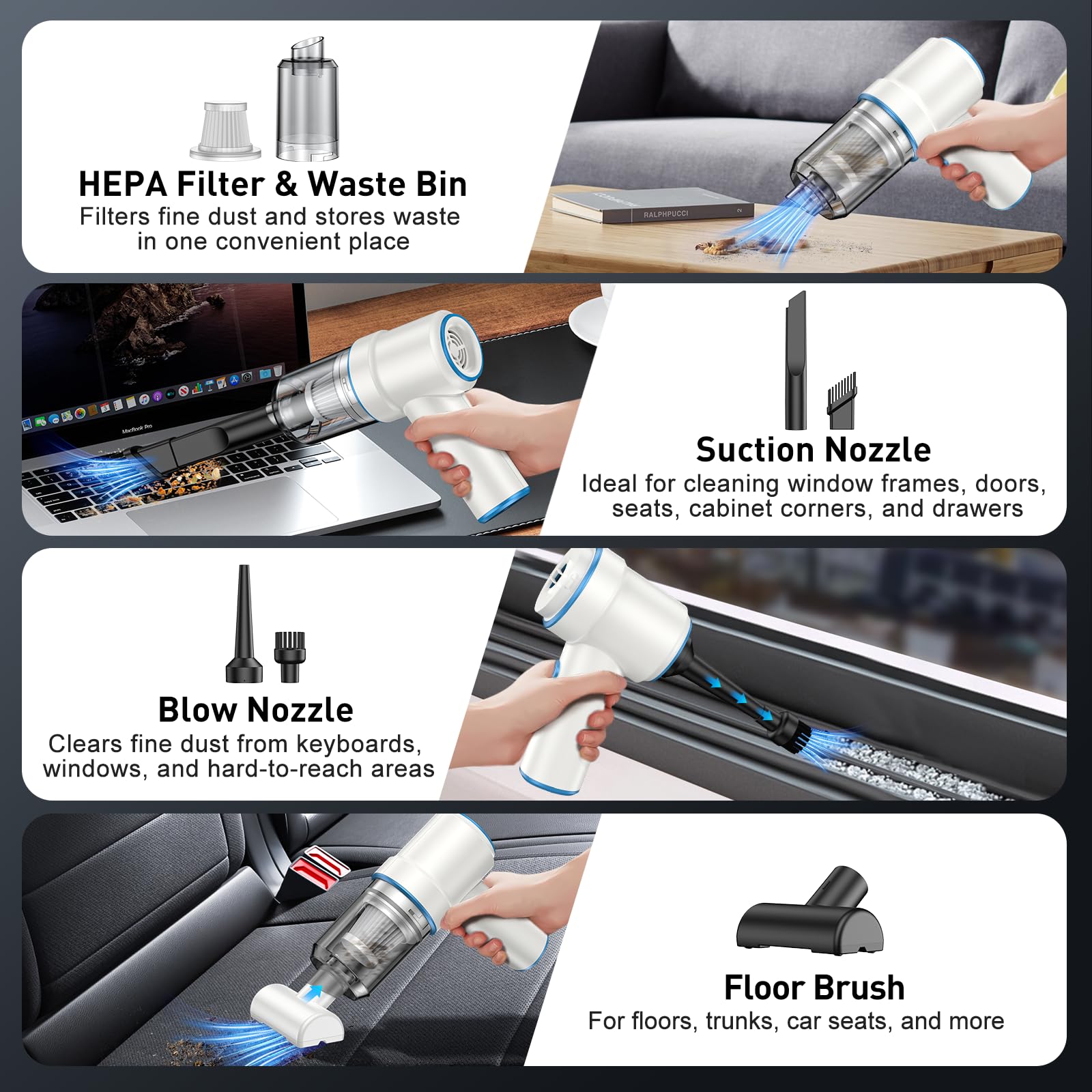 KMM Handheld Car Vacuum Cleaner, 9000Pa Vacuum Cleaner and Air Duster, 120W High Power Hand Held Vacuum with LED Light and Multi-Nozzles for Car, Home, Office, Pet