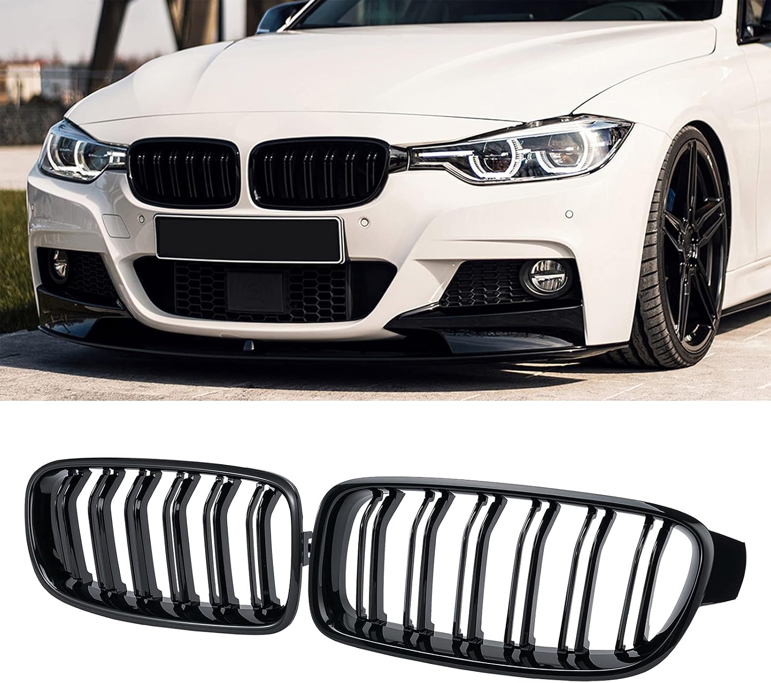 F30 Grill, Double Slats Gloss Black Kidney Grille,ABS Plastic,2pcs