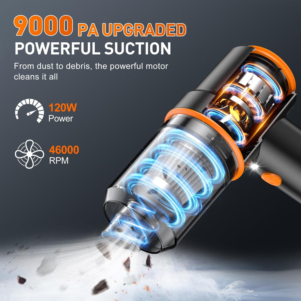 KMM Handheld Car Vacuum Cleaner, 9000Pa Vacuum Cleaner and Air Duster, 120W High Power Hand Held Vacuum with LED Light and Multi-Nozzles for Car, Home, Office, Pet