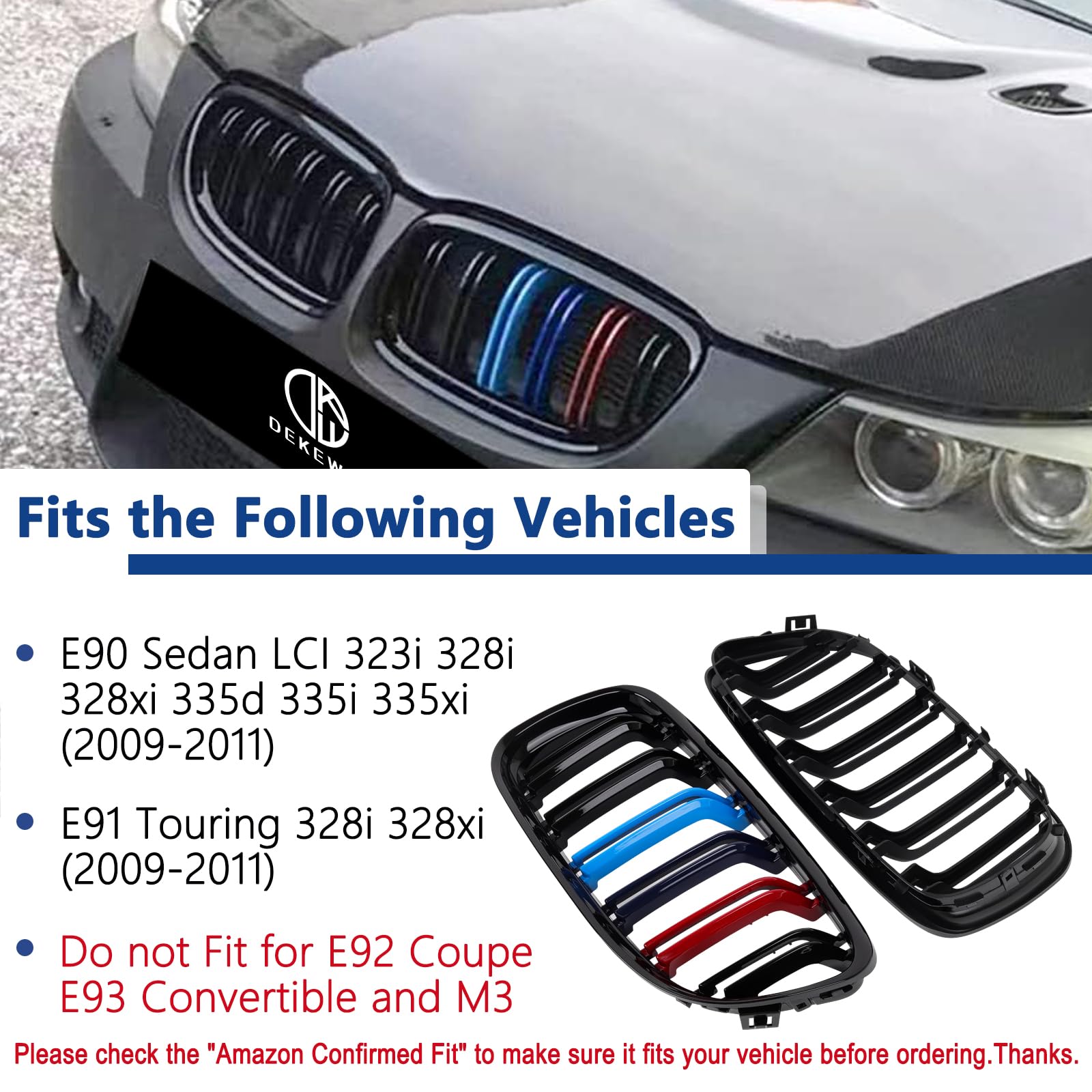 F30 Grill, Double Slats Gloss Black Kidney Grille,ABS Plastic,2pcs