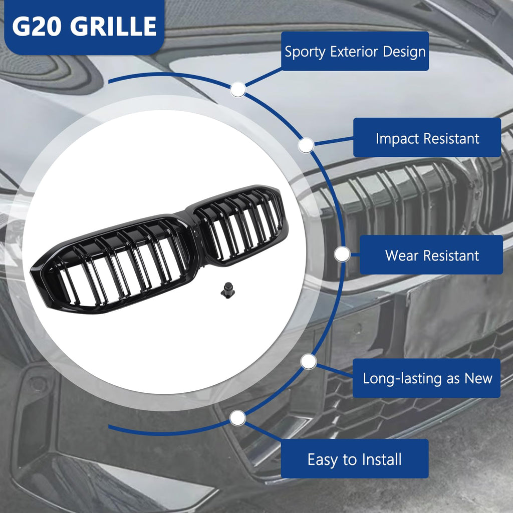 F30 Grill, Double Slats Gloss Black Kidney Grille,ABS Plastic,2pcs