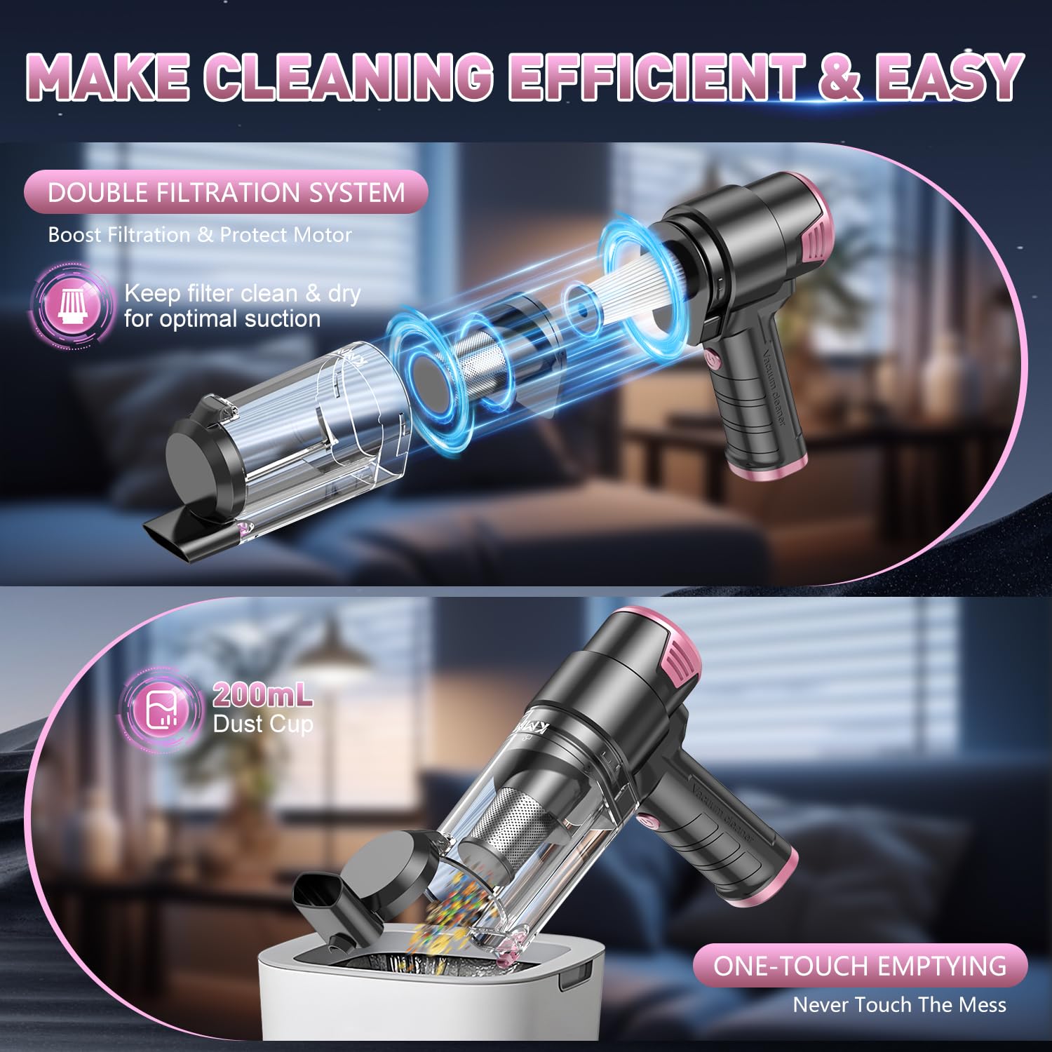 KMM Handheld Car Vacuum Cleaner, 9000Pa Vacuum Cleaner and Air Duster, 120W High Power Hand Held Vacuum with LED Light and Multi-Nozzles for Car, Home, Office, Pet