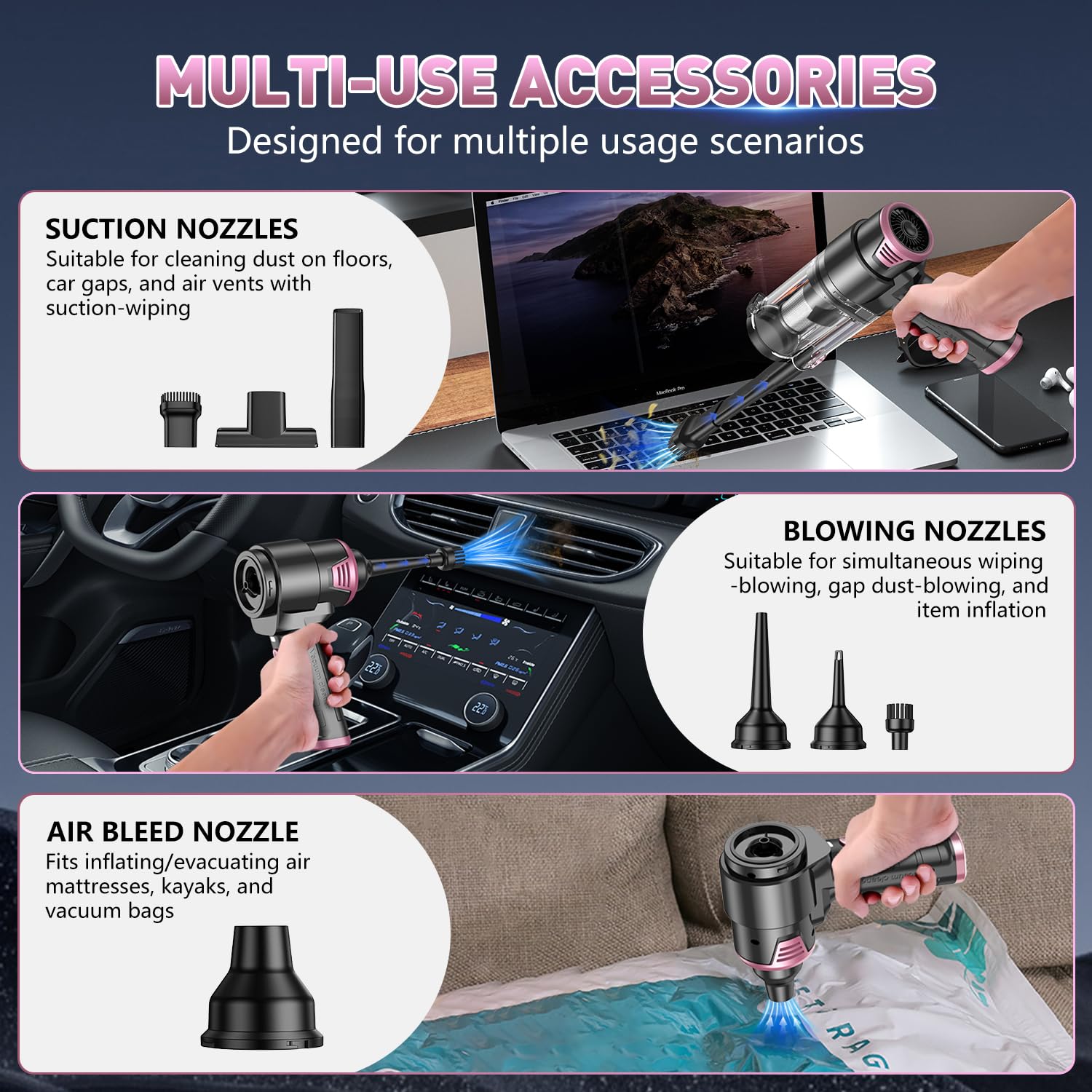 KMM Handheld Car Vacuum Cleaner, 9000Pa Vacuum Cleaner and Air Duster, 120W High Power Hand Held Vacuum with LED Light and Multi-Nozzles for Car, Home, Office, Pet