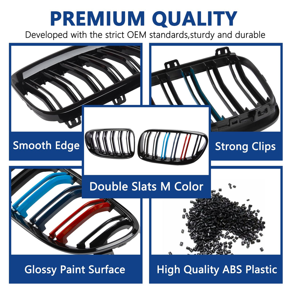 F30 Grill, Double Slats Gloss Black Kidney Grille,ABS Plastic,2pcs