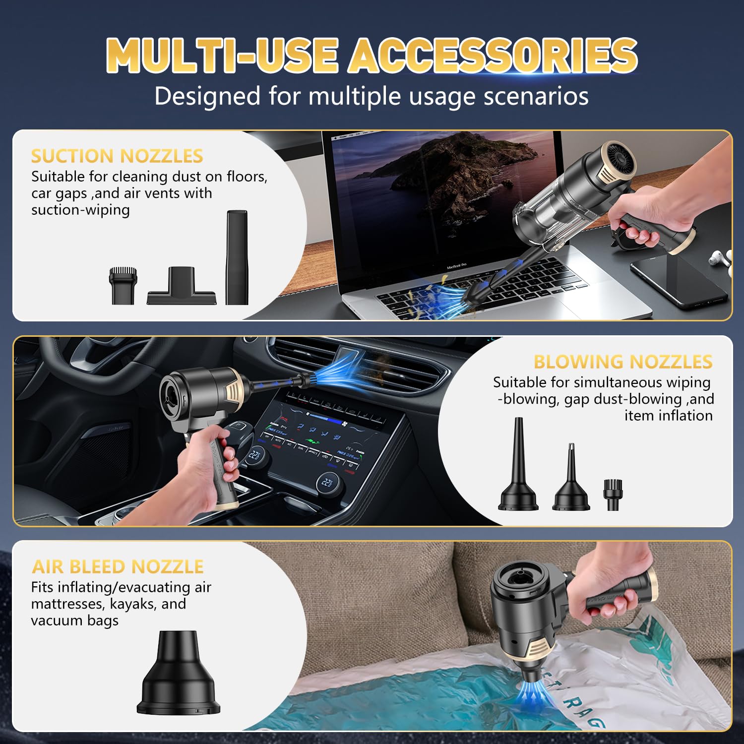 KMM Handheld Car Vacuum Cleaner, 9000Pa Vacuum Cleaner and Air Duster, 120W High Power Hand Held Vacuum with LED Light and Multi-Nozzles for Car, Home, Office, Pet