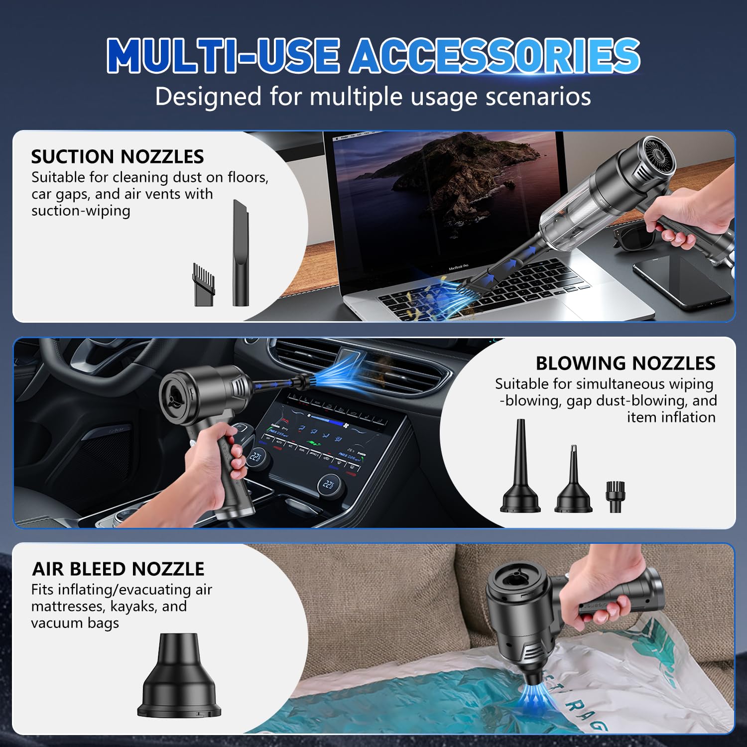 KMM Handheld Car Vacuum Cleaner, 9000Pa Vacuum Cleaner and Air Duster, 120W High Power Hand Held Vacuum with LED Light and Multi-Nozzles for Car, Home, Office, Pet