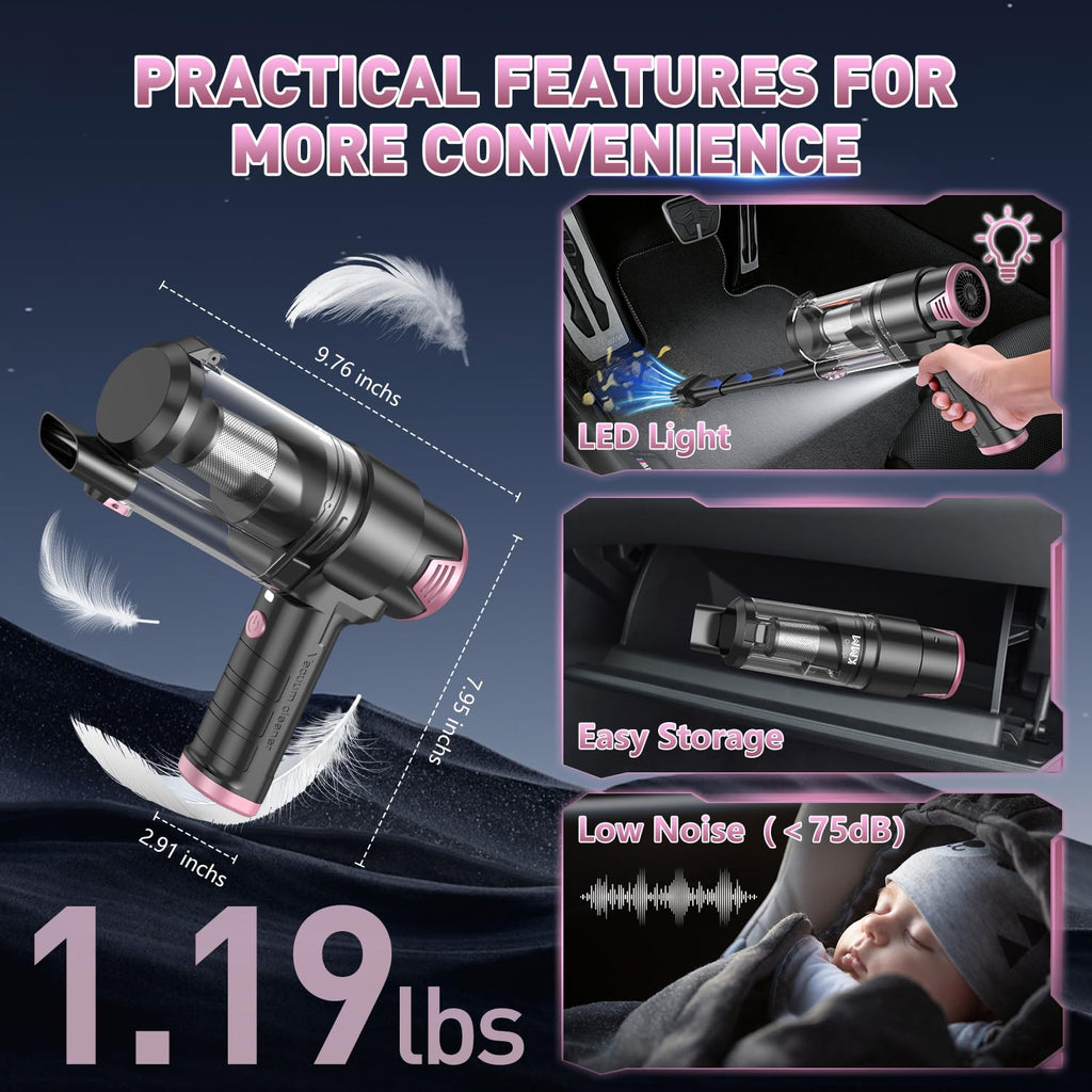 KMM Handheld Car Vacuum Cleaner, 9000Pa Vacuum Cleaner and Air Duster, 120W High Power Hand Held Vacuum with LED Light and Multi-Nozzles for Car, Home, Office, Pet