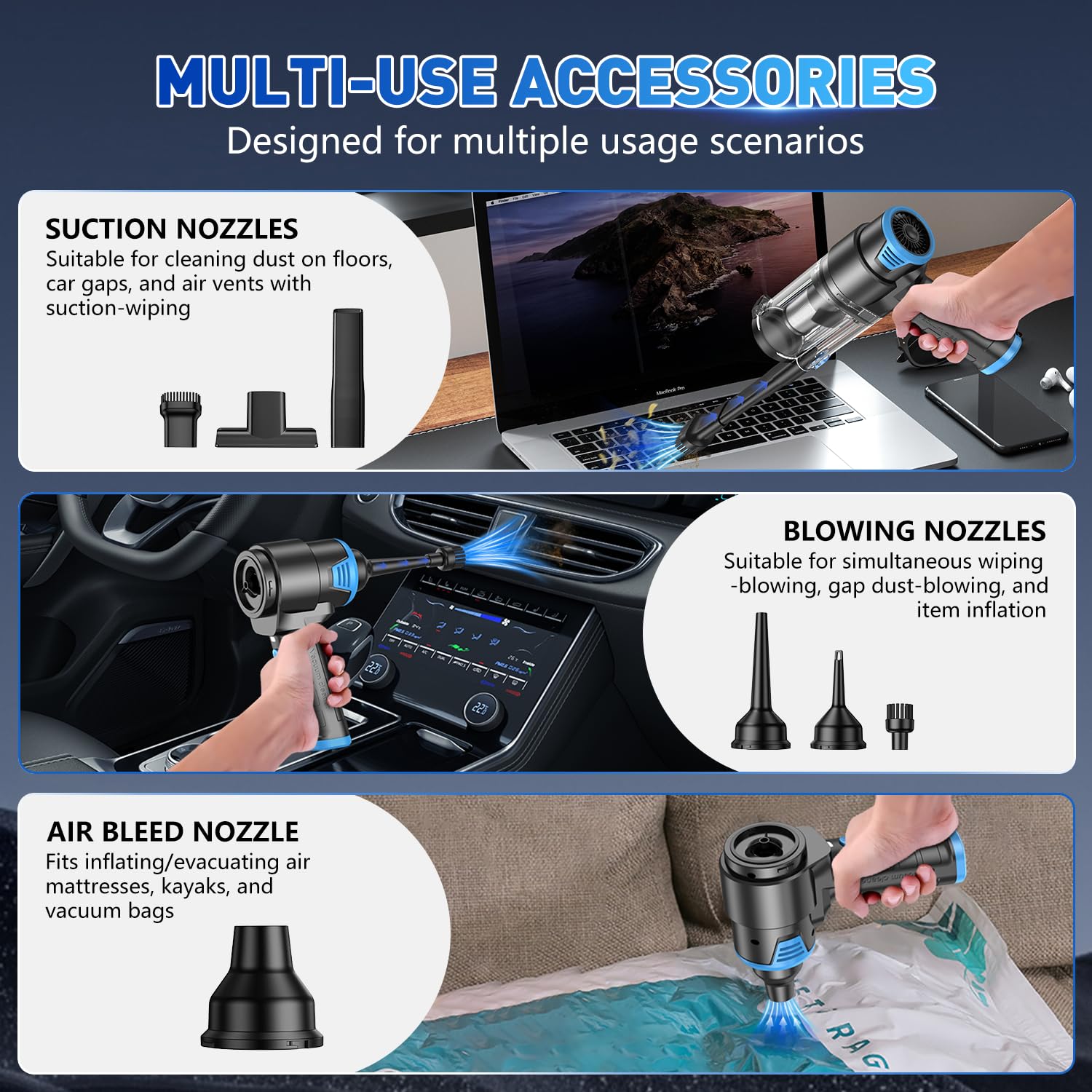 KMM Handheld Car Vacuum Cleaner, 9000Pa Vacuum Cleaner and Air Duster, 120W High Power Hand Held Vacuum with LED Light and Multi-Nozzles for Car, Home, Office, Pet