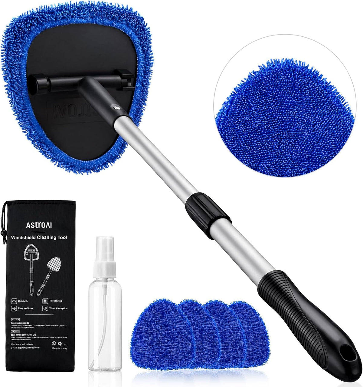 Car Interior Detailing Cleaning Kit with Extendable Handle and 4 Upgraded Reusable Microfiber Pads, Auto Glass Wiper Brush Kit for Cars