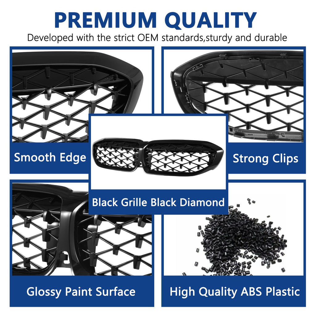 F30 Grill, Double Slats Gloss Black Kidney Grille,ABS Plastic,2pcs