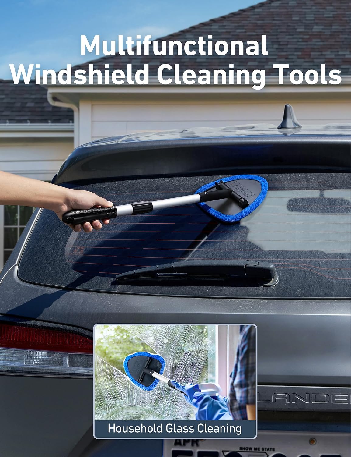 Car Interior Detailing Cleaning Kit with Extendable Handle and 4 Upgraded Reusable Microfiber Pads, Auto Glass Wiper Brush Kit for Cars