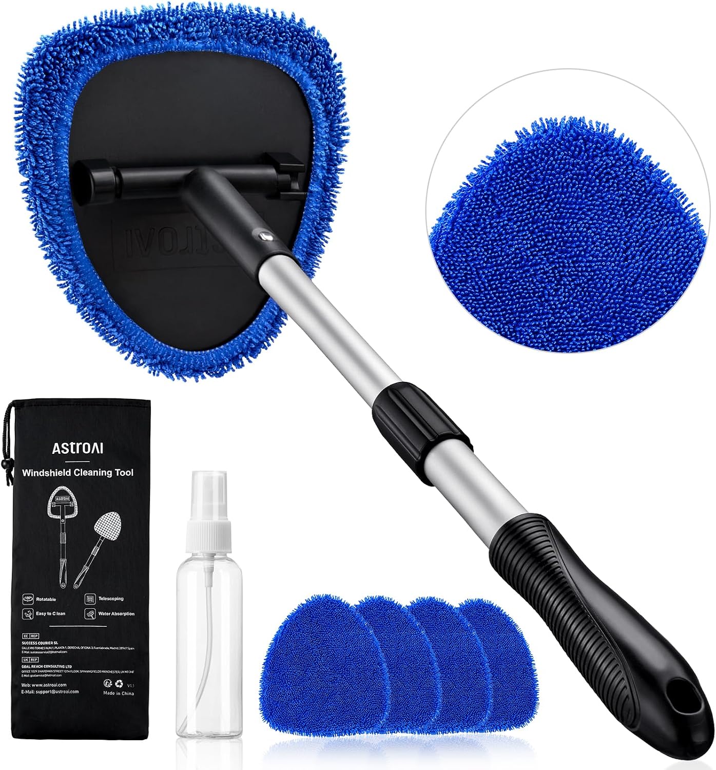 Car Interior Detailing Cleaning Kit with Extendable Handle and 4 Upgraded Reusable Microfiber Pads, Auto Glass Wiper Brush Kit for Cars