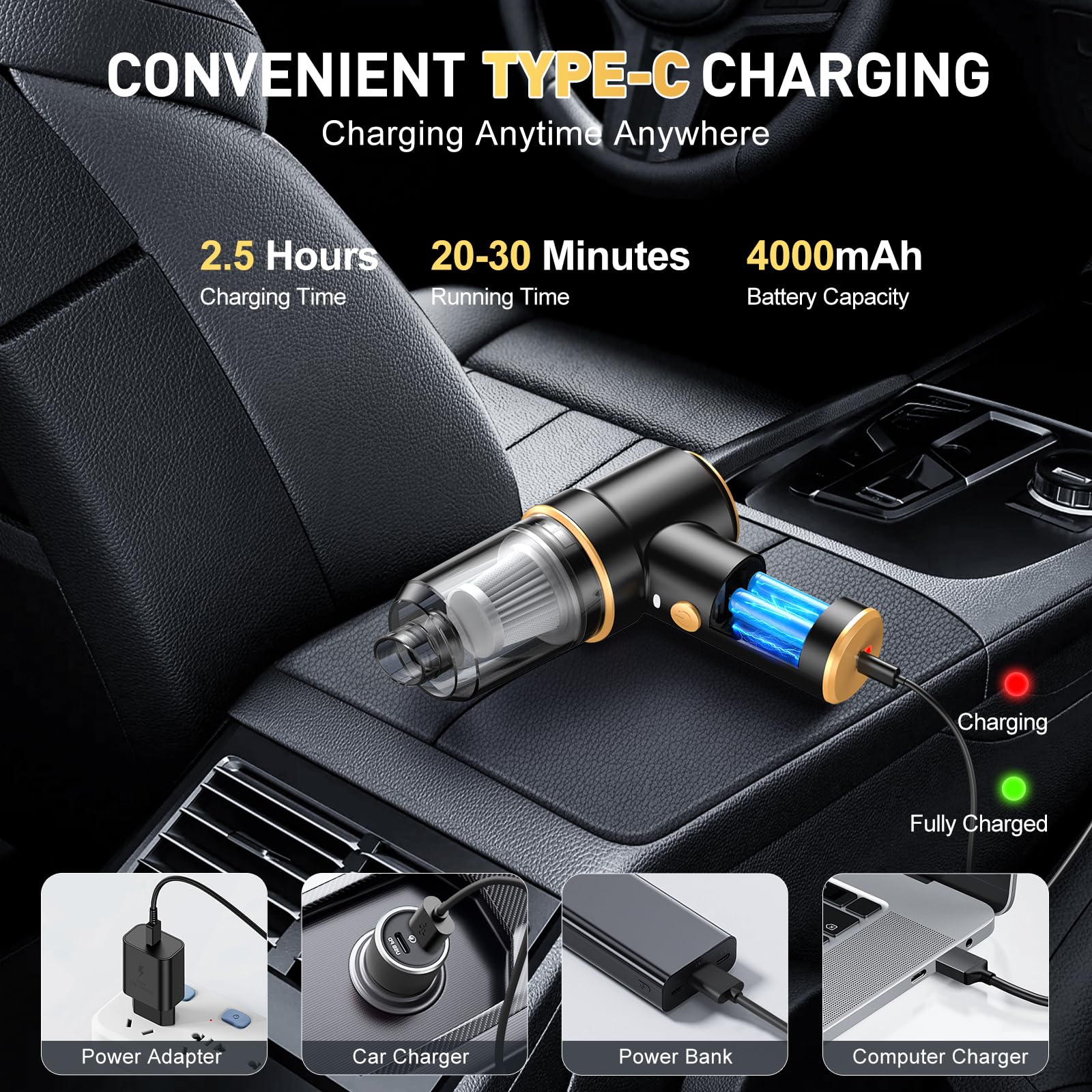 KMM Handheld Car Vacuum Cleaner, 9000Pa Vacuum Cleaner and Air Duster, 120W High Power Hand Held Vacuum with LED Light and Multi-Nozzles for Car, Home, Office, Pet