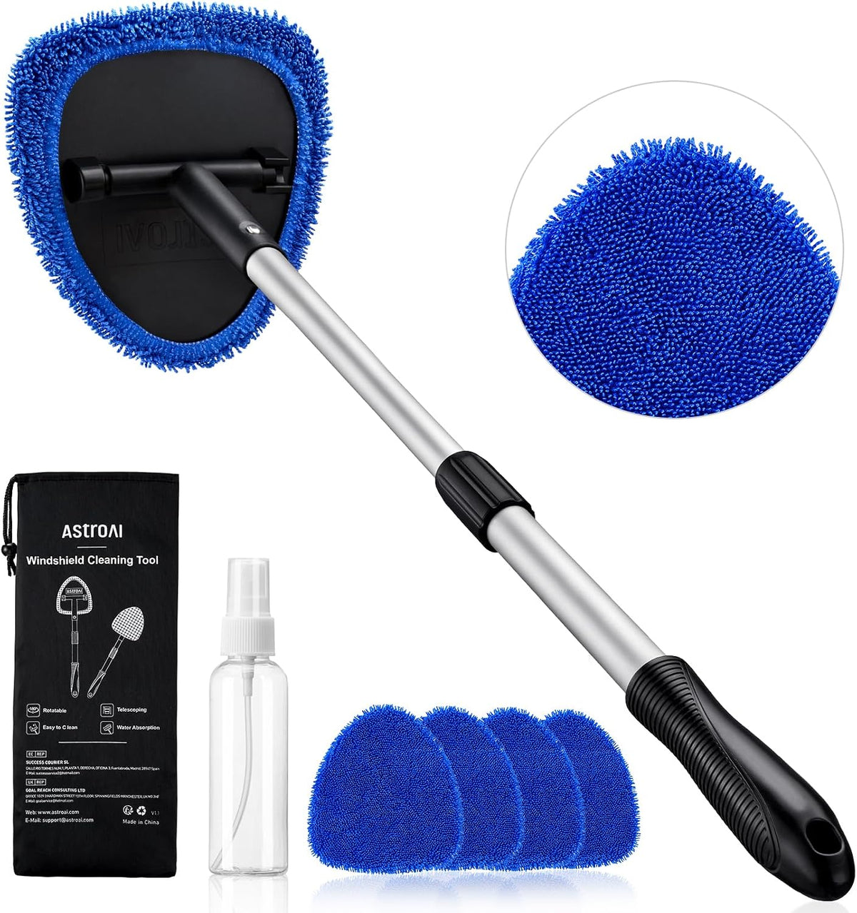 Car Interior Detailing Cleaning Kit with Extendable Handle and 4 Upgraded Reusable Microfiber Pads, Auto Glass Wiper Brush Kit for Cars
