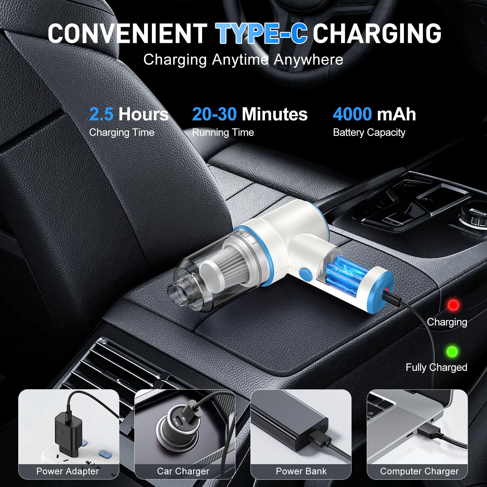 KMM Handheld Car Vacuum Cleaner, 9000Pa Vacuum Cleaner and Air Duster, 120W High Power Hand Held Vacuum with LED Light and Multi-Nozzles for Car, Home, Office, Pet