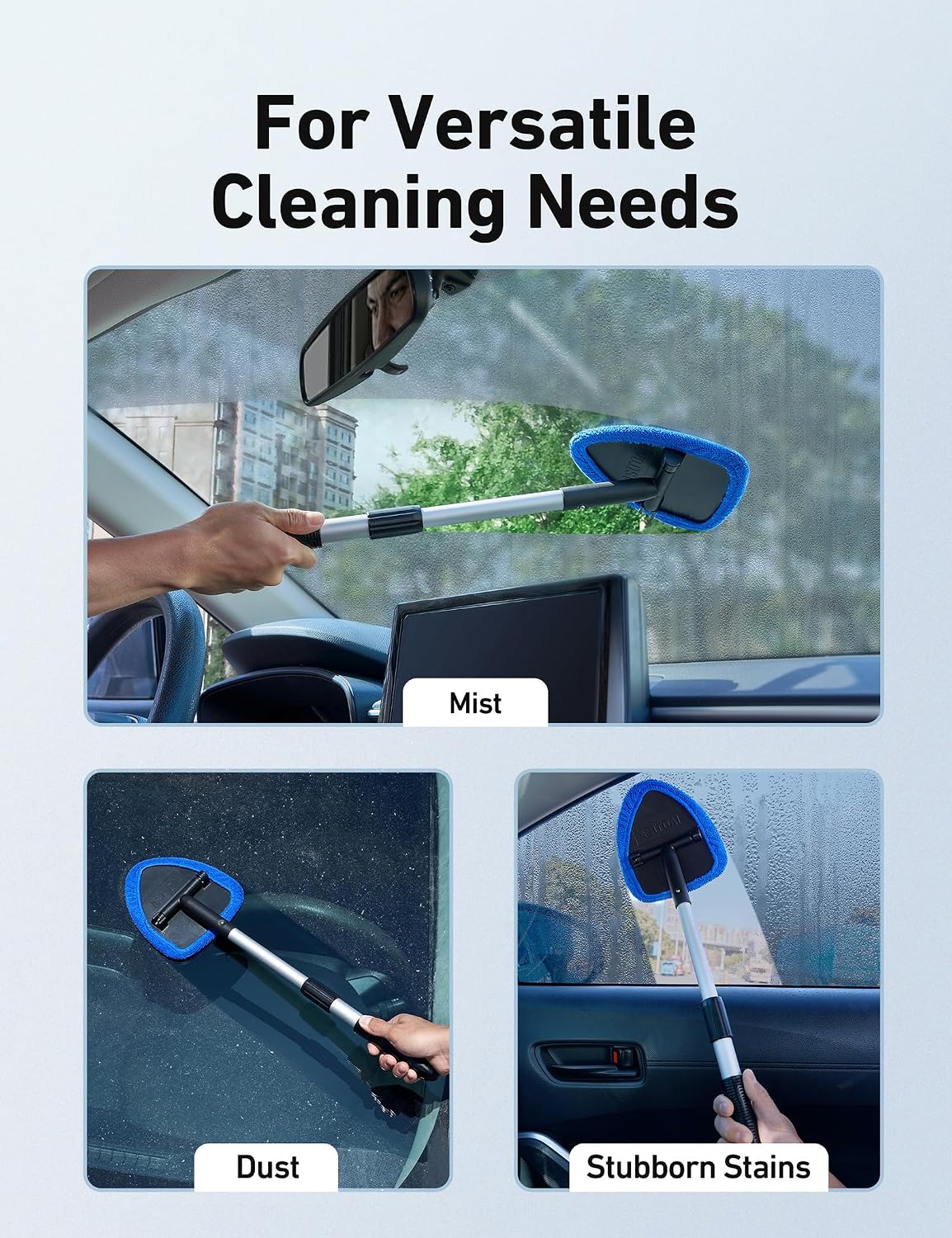 Car Interior Detailing Cleaning Kit with Extendable Handle and 4 Upgraded Reusable Microfiber Pads, Auto Glass Wiper Brush Kit for Cars