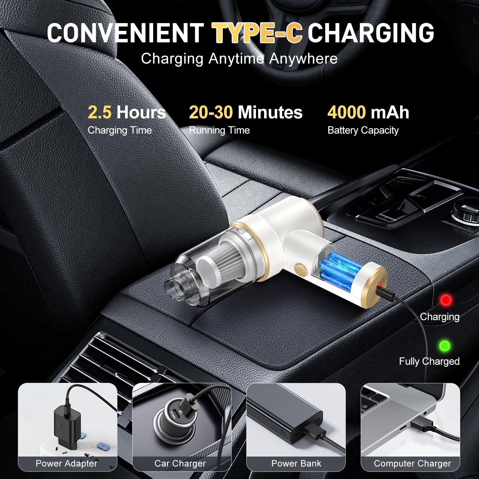 KMM Handheld Car Vacuum Cleaner, 9000Pa Vacuum Cleaner and Air Duster, 120W High Power Hand Held Vacuum with LED Light and Multi-Nozzles for Car, Home, Office, Pet