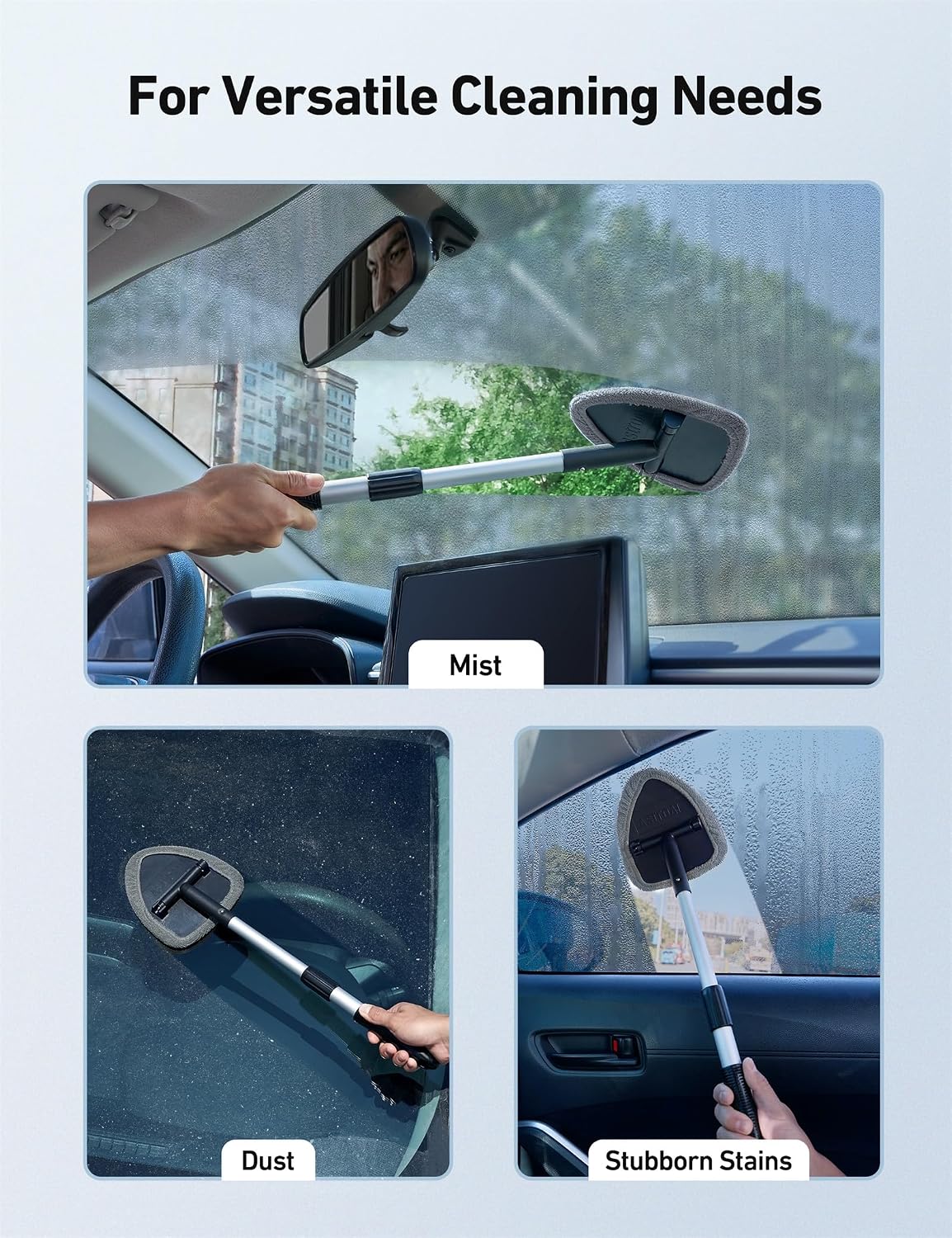 Car Interior Detailing Cleaning Kit with Extendable Handle and 4 Upgraded Reusable Microfiber Pads, Auto Glass Wiper Brush Kit for Cars