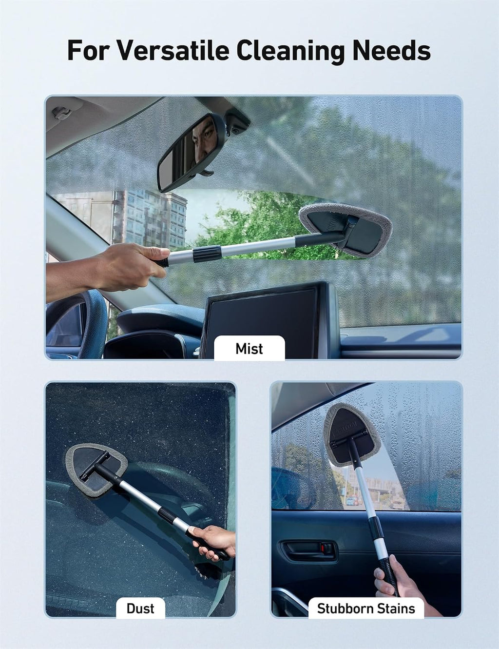 Car Interior Detailing Cleaning Kit with Extendable Handle and 4 Upgraded Reusable Microfiber Pads, Auto Glass Wiper Brush Kit for Cars