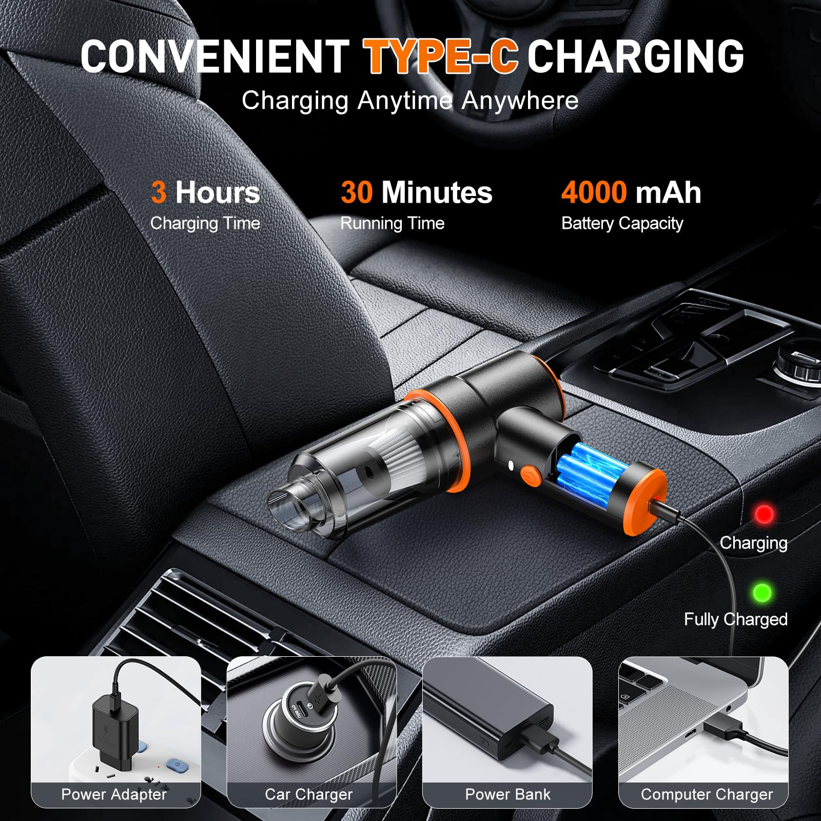 KMM Handheld Car Vacuum Cleaner, 9000Pa Vacuum Cleaner and Air Duster, 120W High Power Hand Held Vacuum with LED Light and Multi-Nozzles for Car, Home, Office, Pet