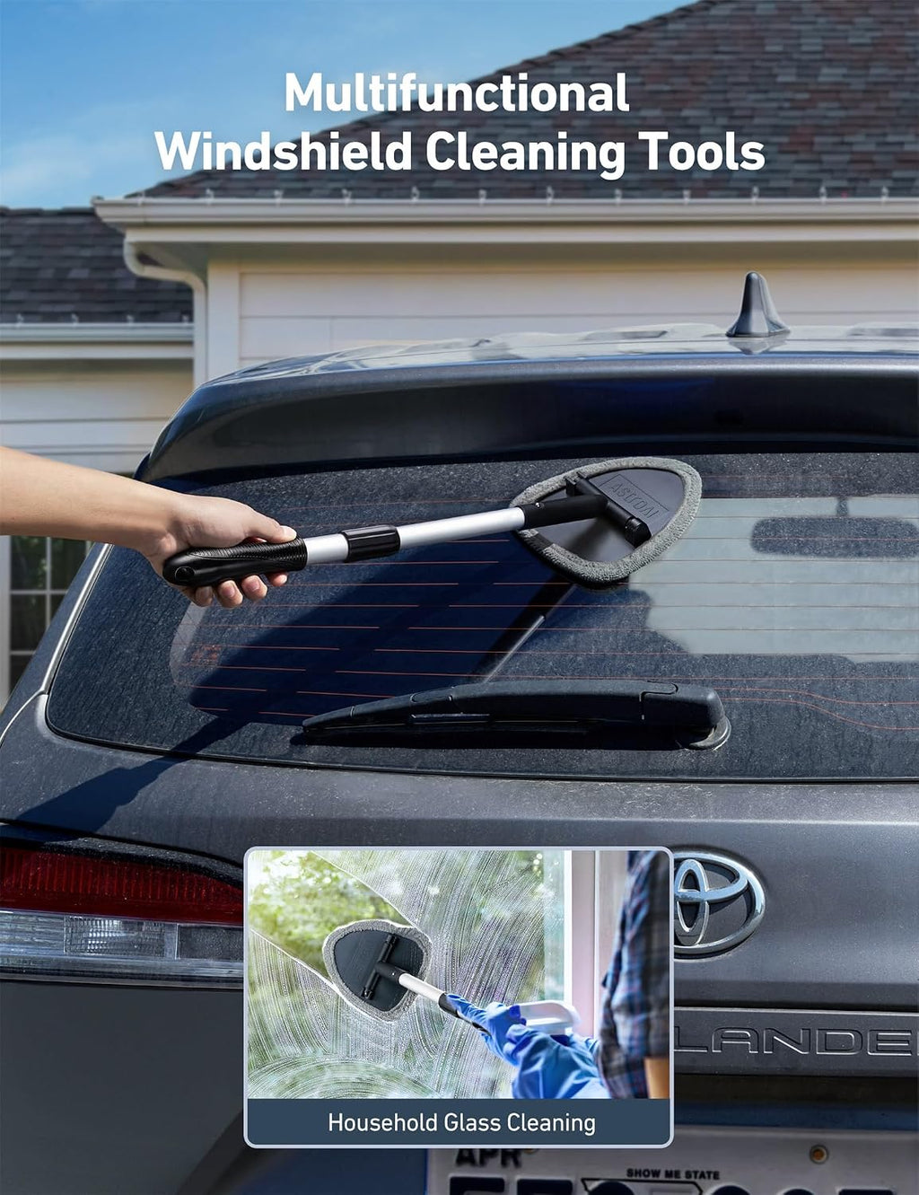 Car Interior Detailing Cleaning Kit with Extendable Handle and 4 Upgraded Reusable Microfiber Pads, Auto Glass Wiper Brush Kit for Cars