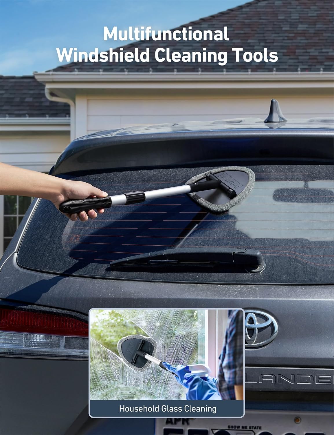Car Interior Detailing Cleaning Kit with Extendable Handle and 4 Upgraded Reusable Microfiber Pads, Auto Glass Wiper Brush Kit for Cars