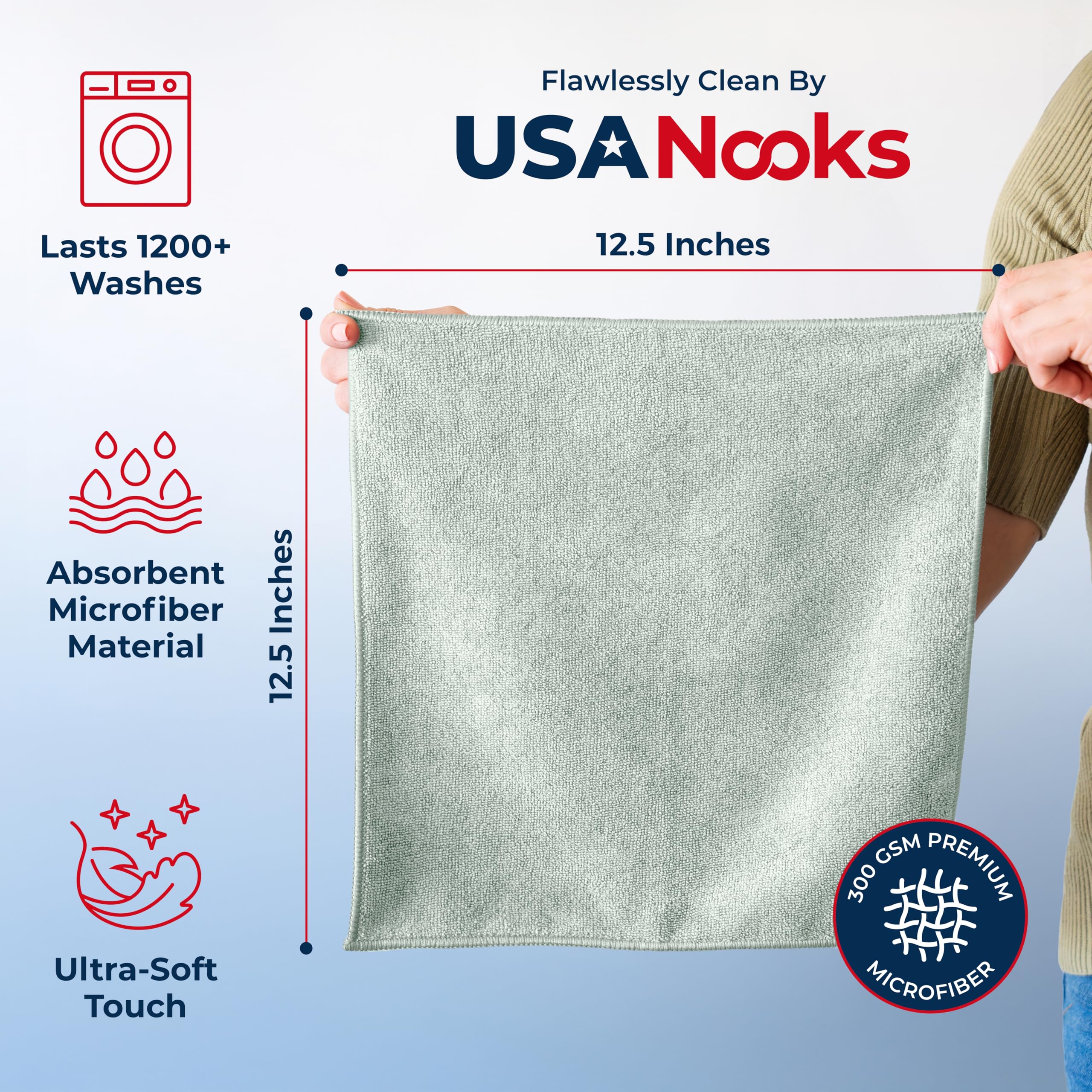 USANOOKS Microfiber Cleaning Cloth Grey - 12 Pcs (12.5"x12.5") - High Performance - 1200 Washes, Ultra Absorbent Microfiber Towel Weave Grime & Liquid for Streak-Free Mirror Shine - Car Washing Cloth
